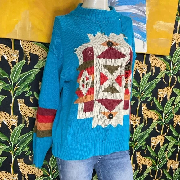 SOLD Grungy vintage southwestern knit pullover sweater OSFM - Picture 2 of 12